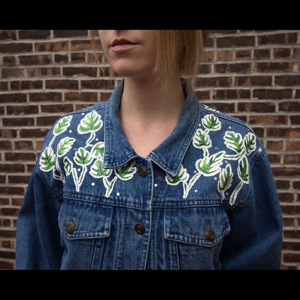 Denim jacket with painted leaves detail